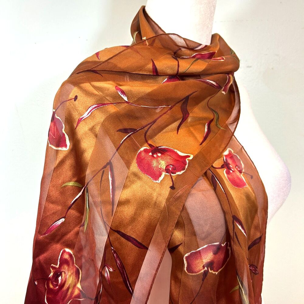 Echo 100% Silk Gold Red Ambre Floral Stripe Semi-Sheer Scarf 59x11 Artsy Preppy